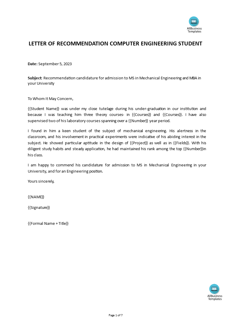 Recommendation Letter Engineering Student Templates At Allbusinesstemplates Com