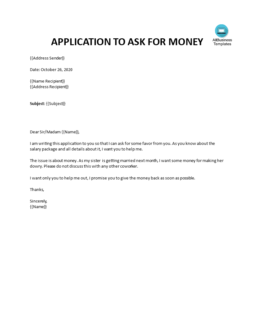 application letter for money problem