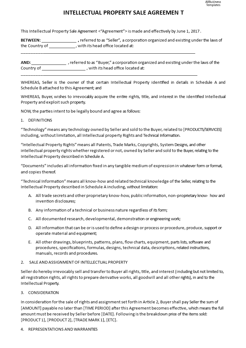 intellectual property sale agreement template