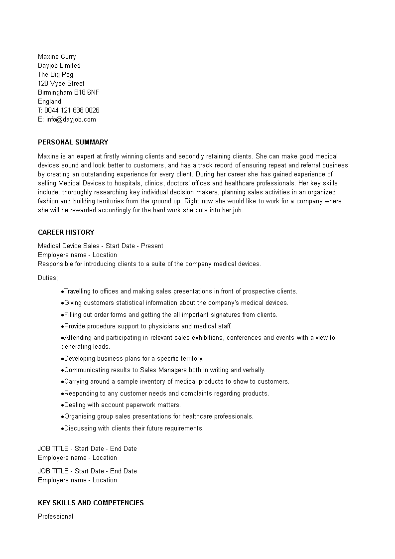 Medical Device Sales Resume template 模板