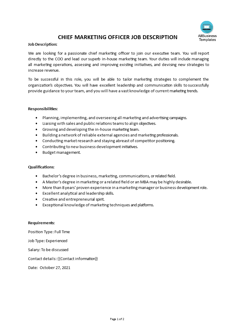 Chief Marketing Officer Job Description main image