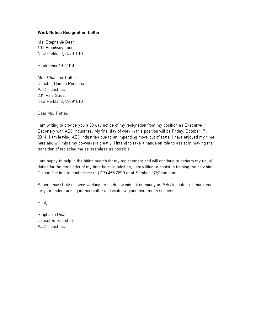 work notice resignation letter modèles