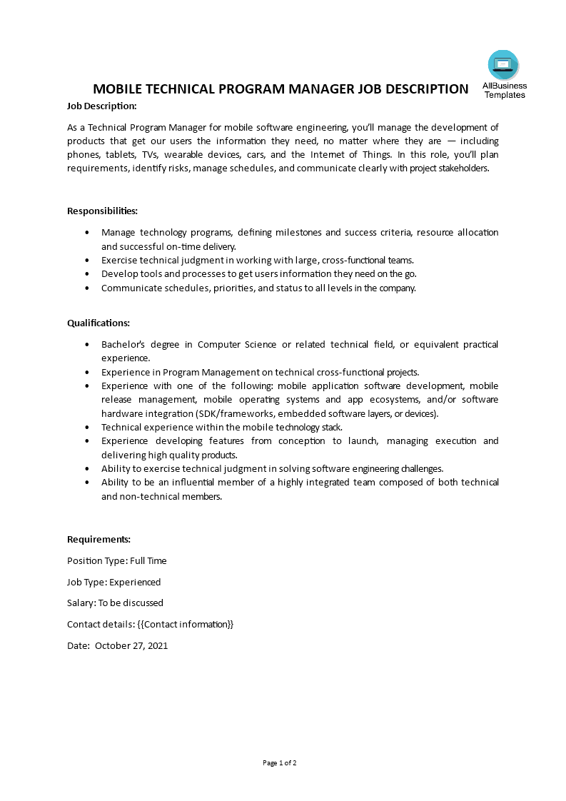 mobile technical program manager job description voorbeeld afbeelding 