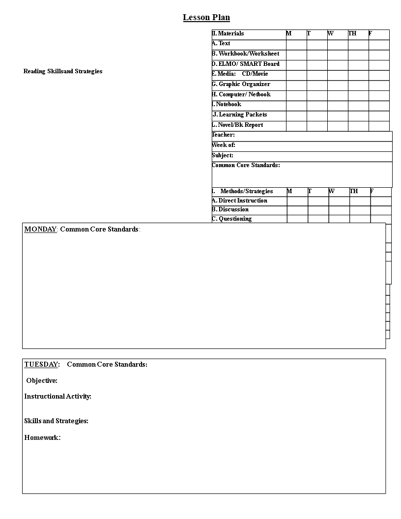 common core weekly lesson plan Hauptschablonenbild