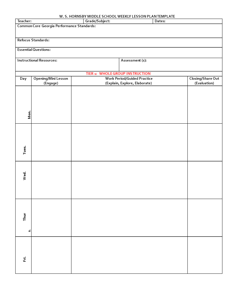 weekly lesson plan word template