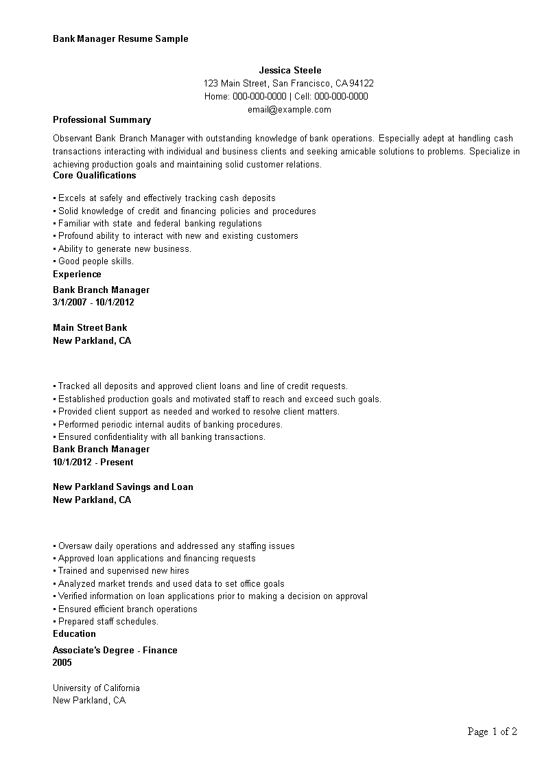 bank manager resume sample modèles