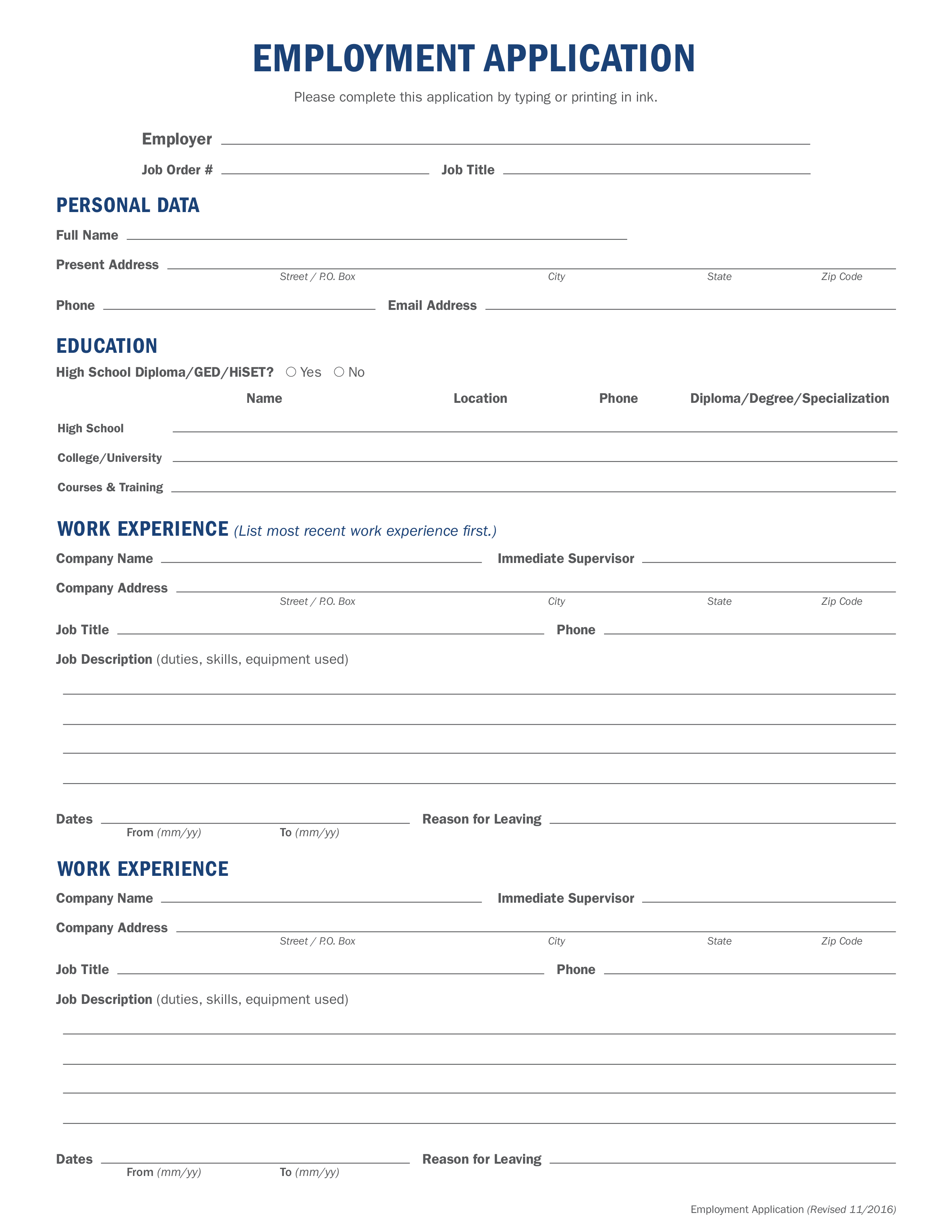 Online job application form html template
