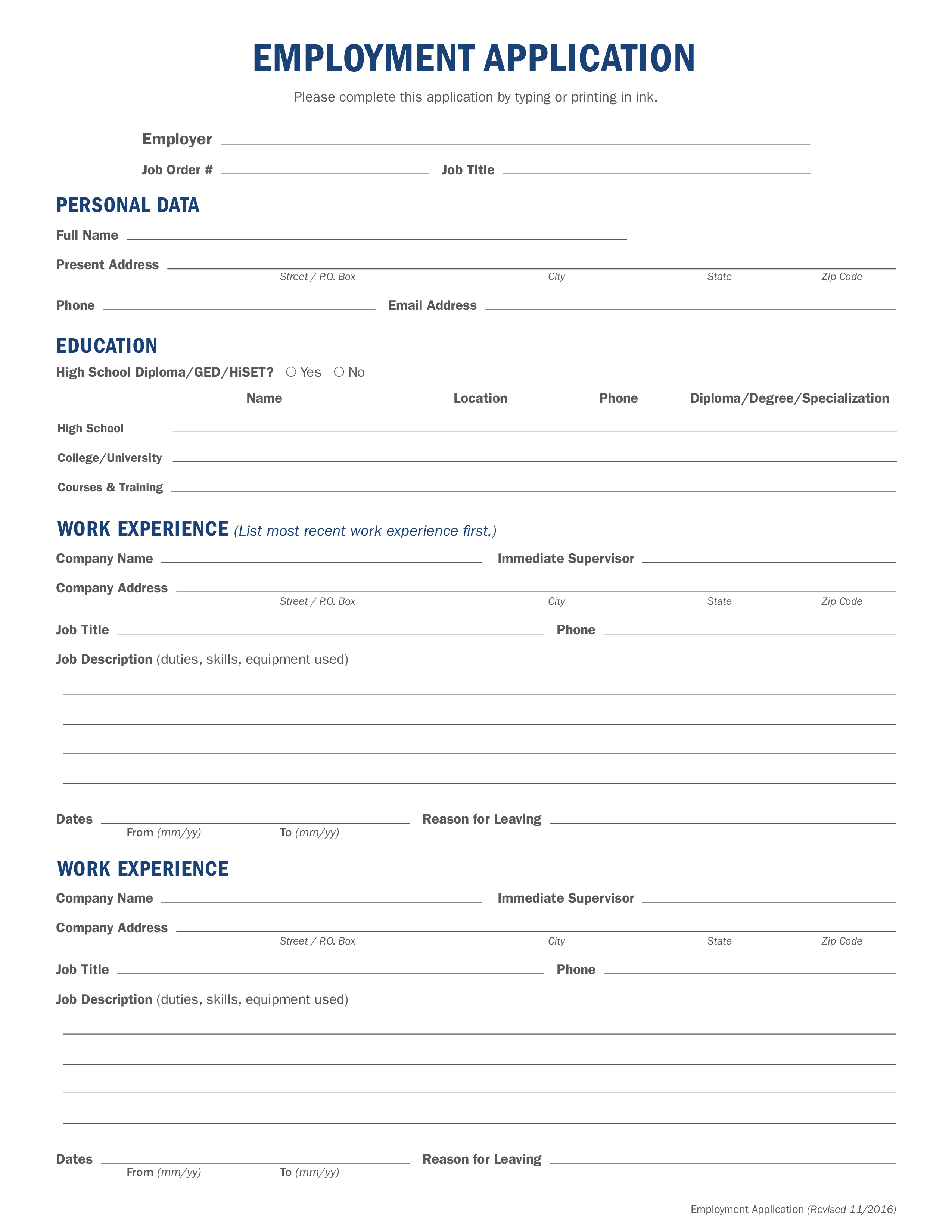 Generic Fillable Employment Application 模板