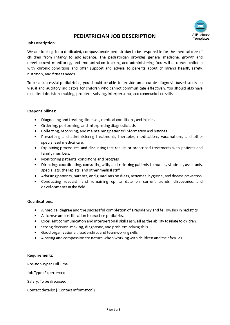 pediatrician job description template