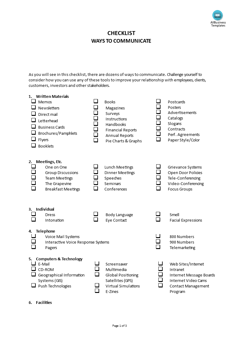 Checklist Ways To Communicate 模板