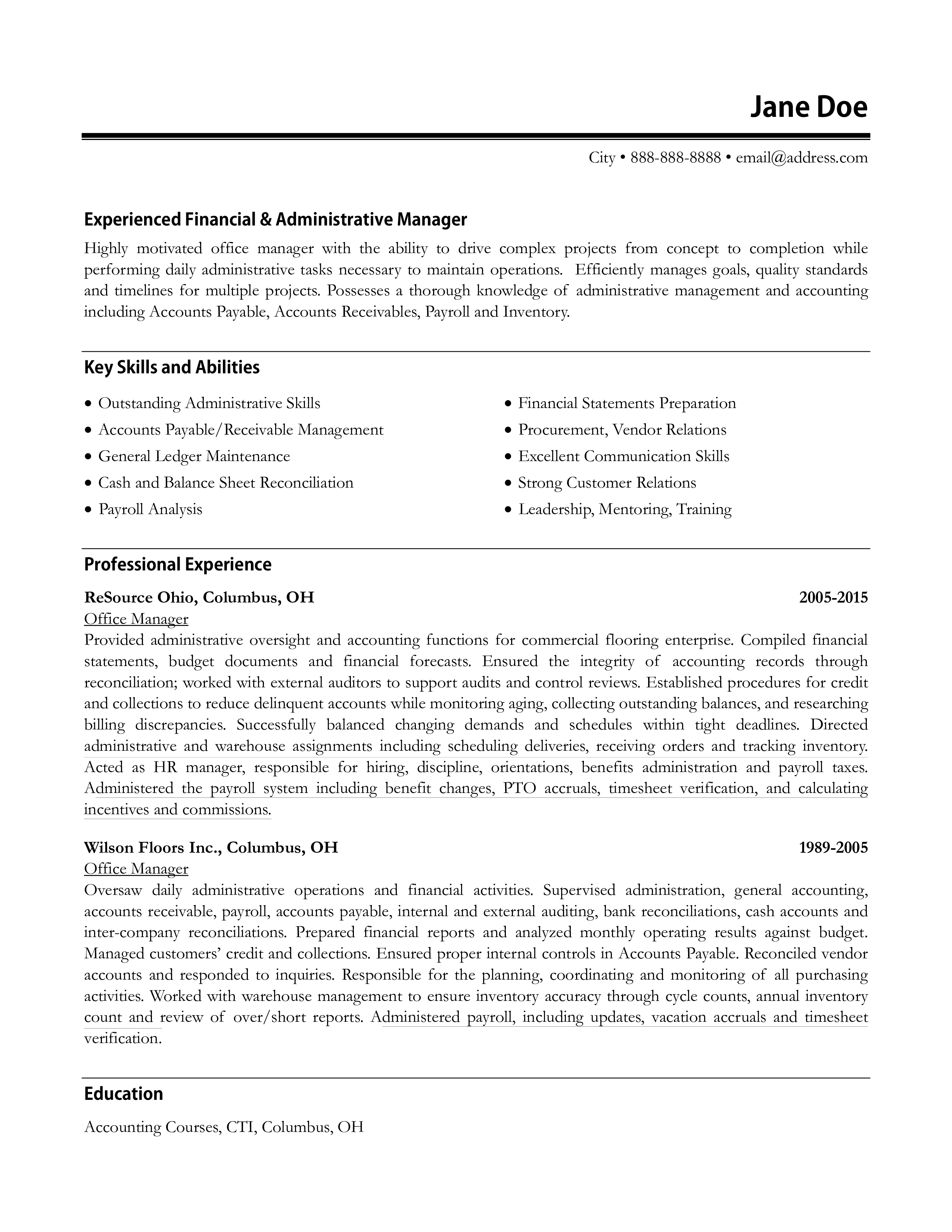 sample resume for office management position