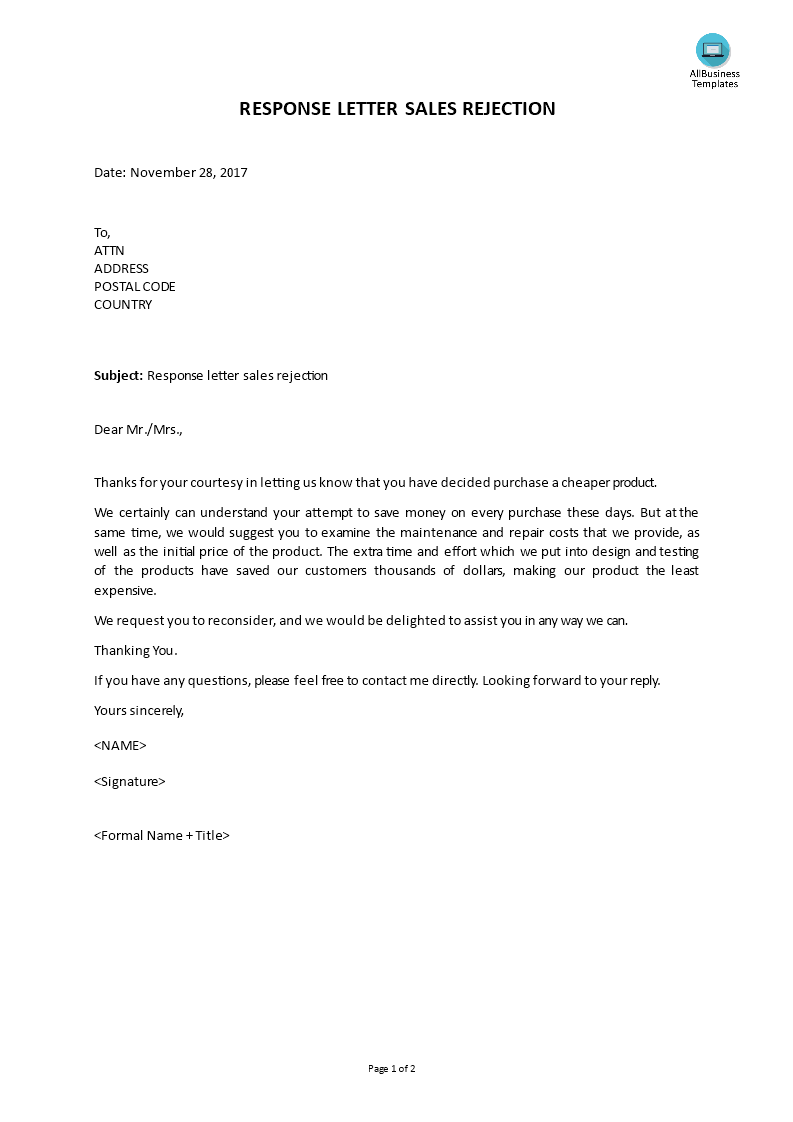 response letter sales rejection voorbeeld afbeelding 