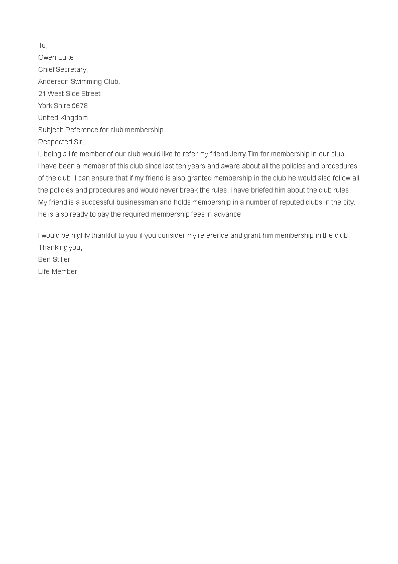 club membership application letter template