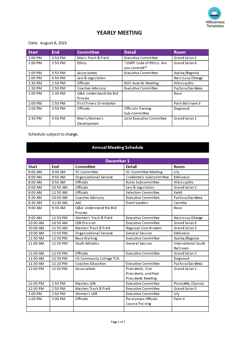 Yearly Meeting Schedule main image