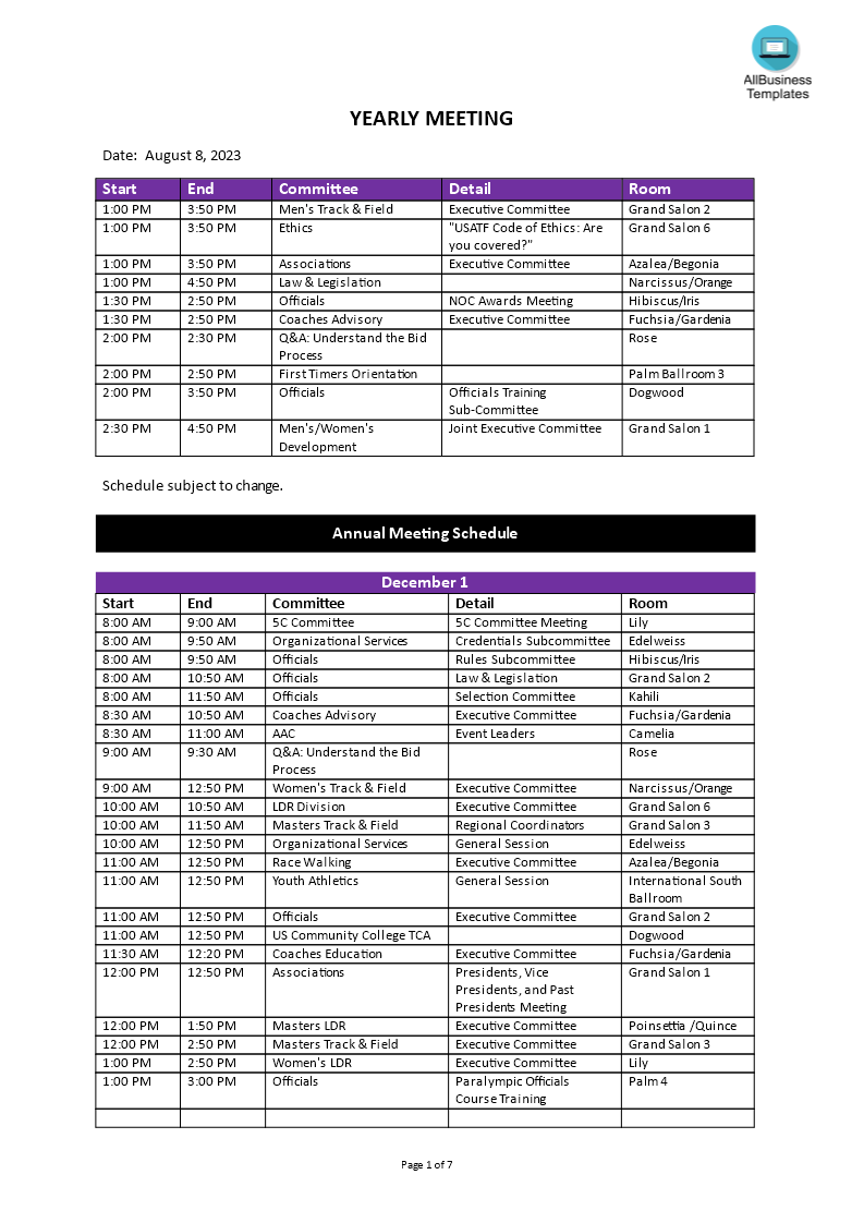 yearly meeting schedule template