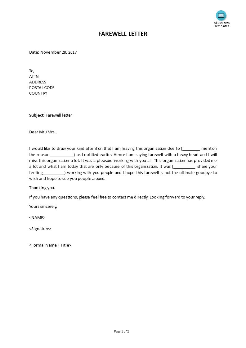 farewell letter template