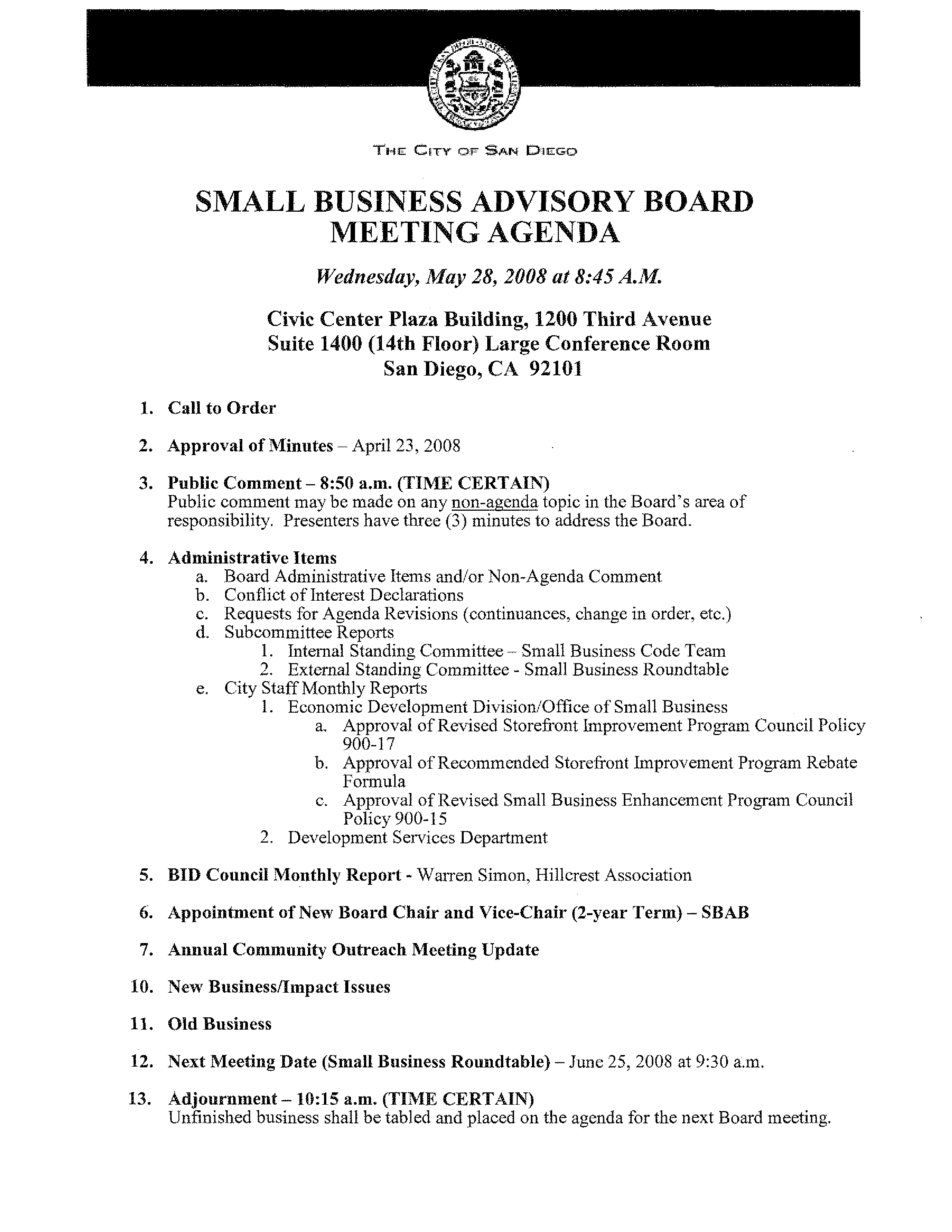 Small Business Advisory Board Meeting Agenda 模板