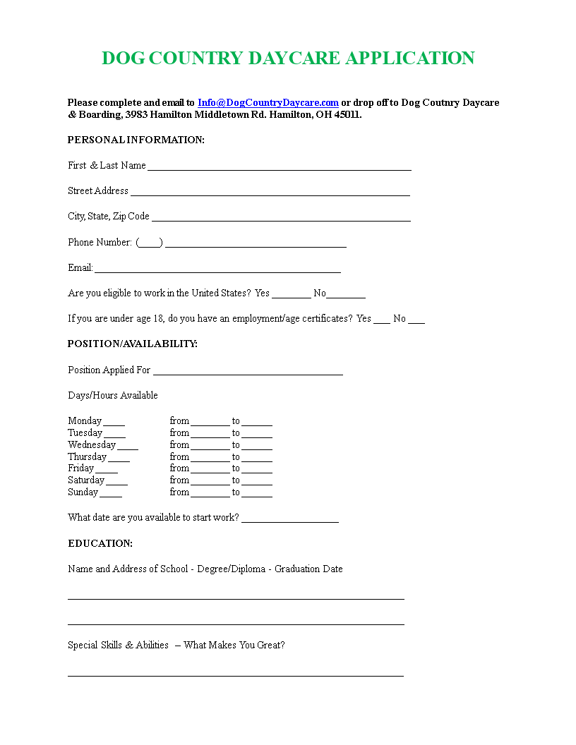 printable daycare job application Hauptschablonenbild