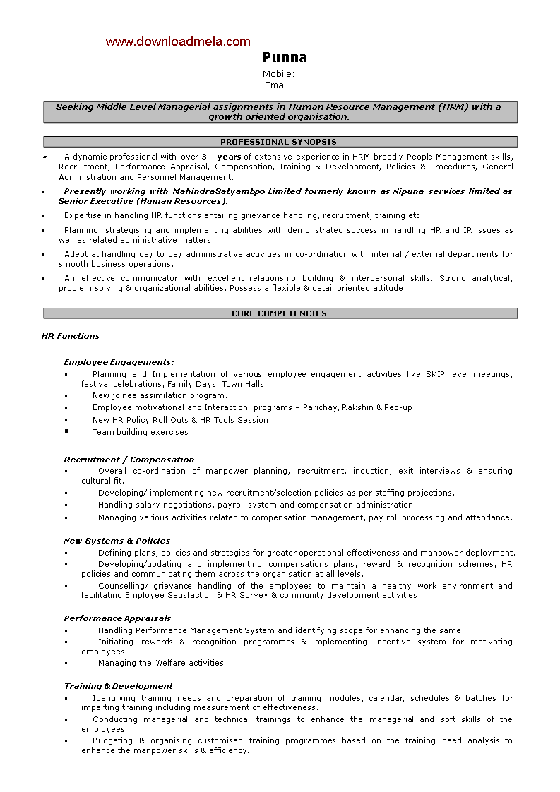 human resource management sample resume template