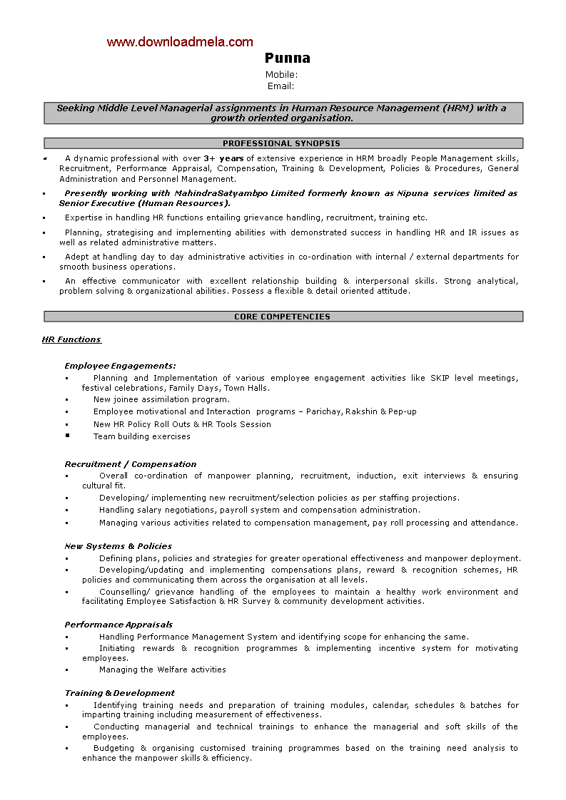 Human Resource Management Sample Resume 模板