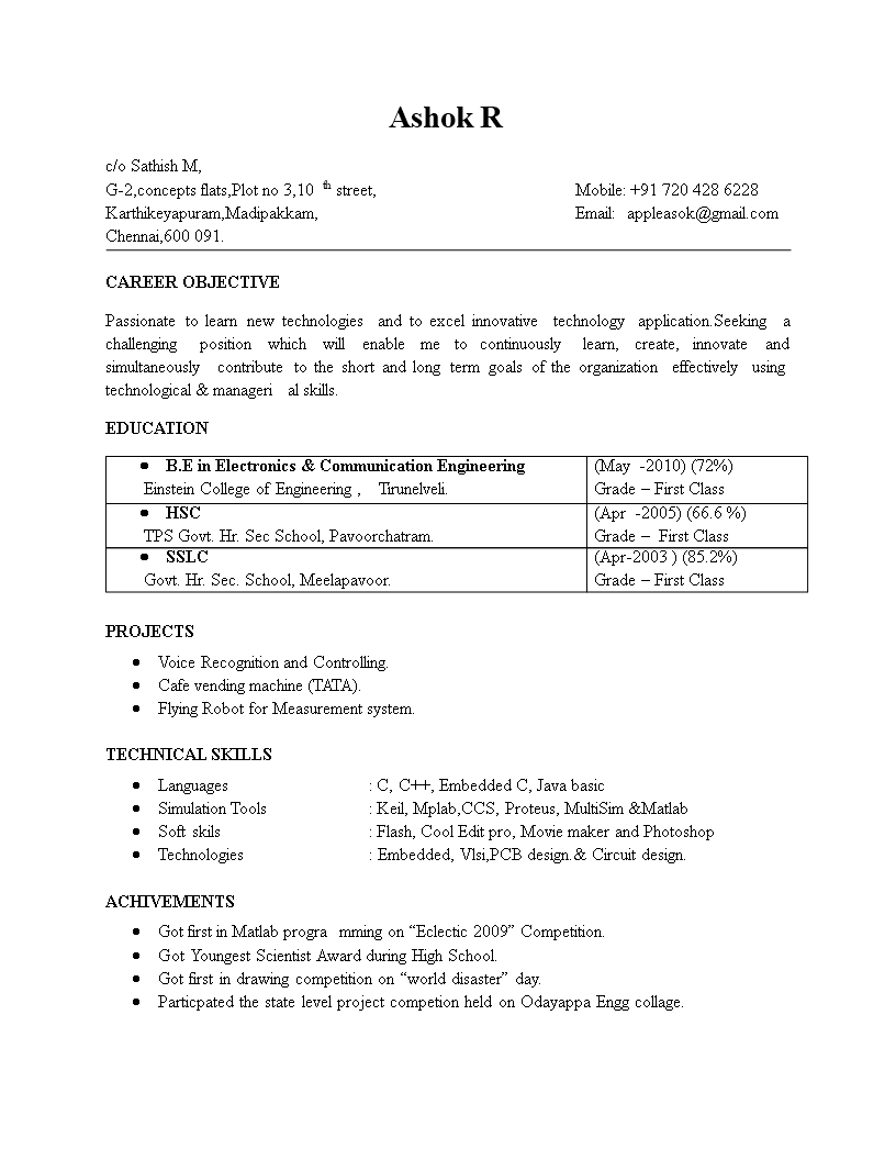 Electronics Engineering Fresher Resume Format 模板