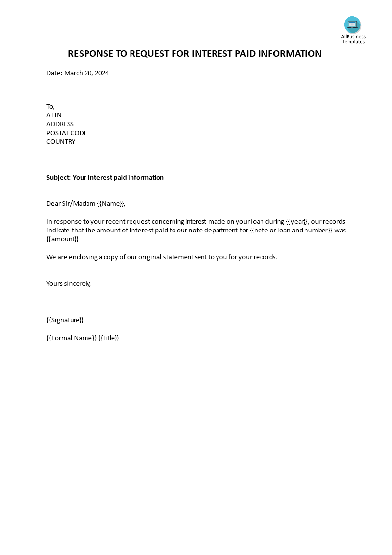 response letter to interest paid voorbeeld afbeelding 