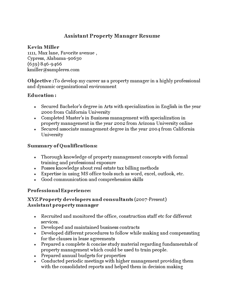 assistant to a property manager resume template