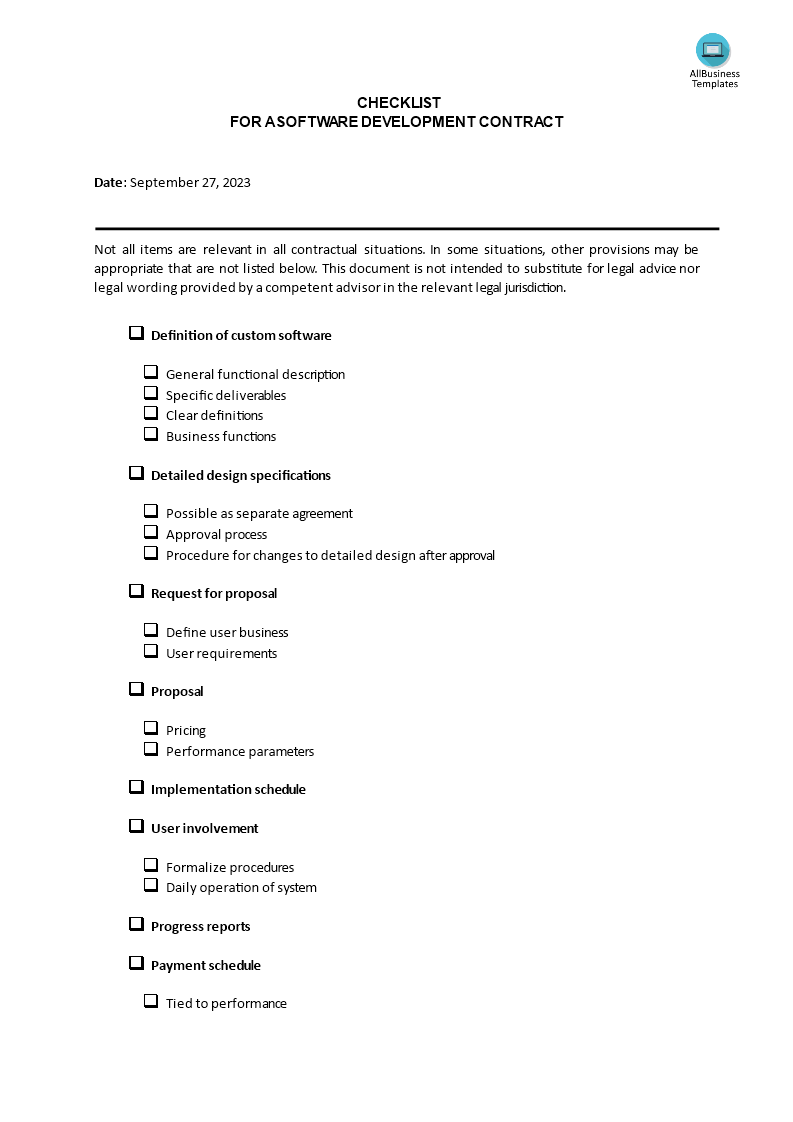 software development contract checklist template