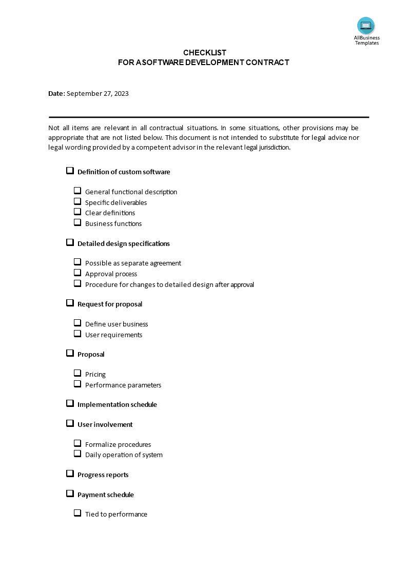 Software Development Contract Checklist 模板