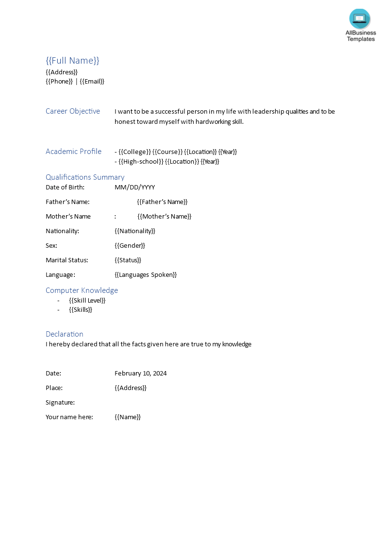 Biodata Template in Word Format main image