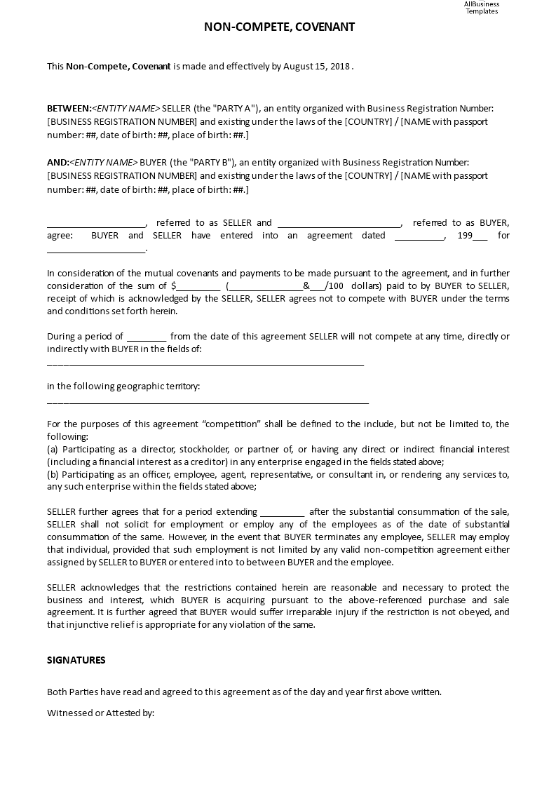 non-complete, covenant template