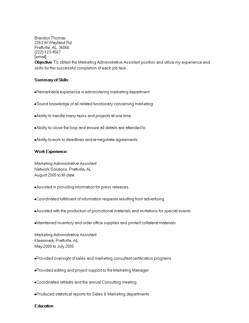 administrative assistant marketing resume template voorbeeld afbeelding 