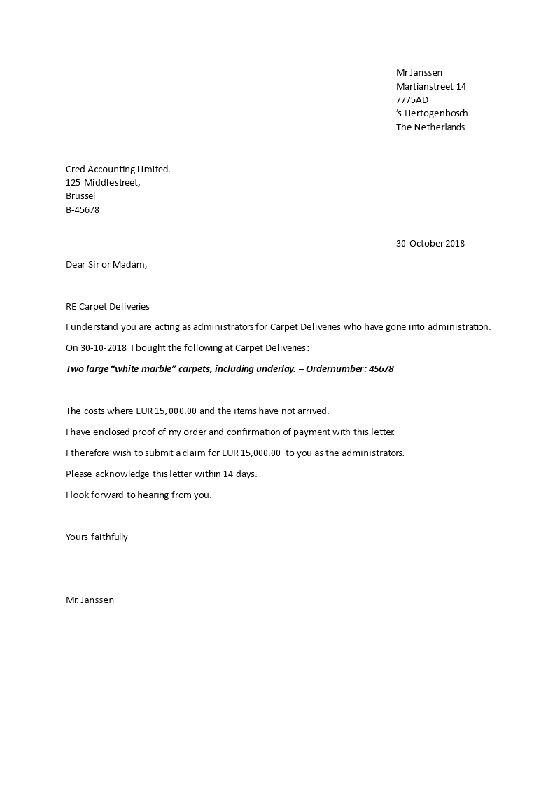 ongedekte schuldeiser verzoeksbrief template