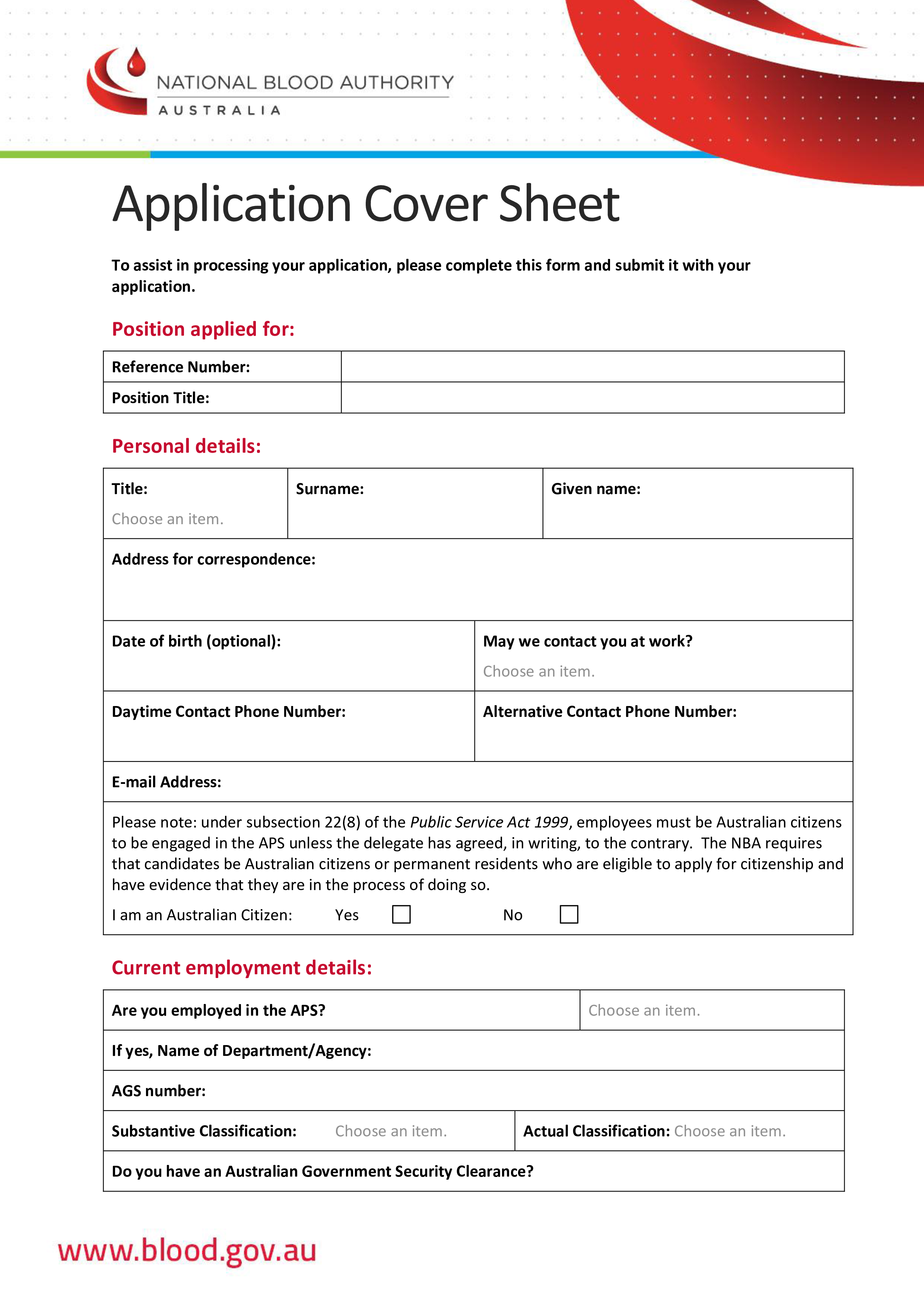 application cover sheet template