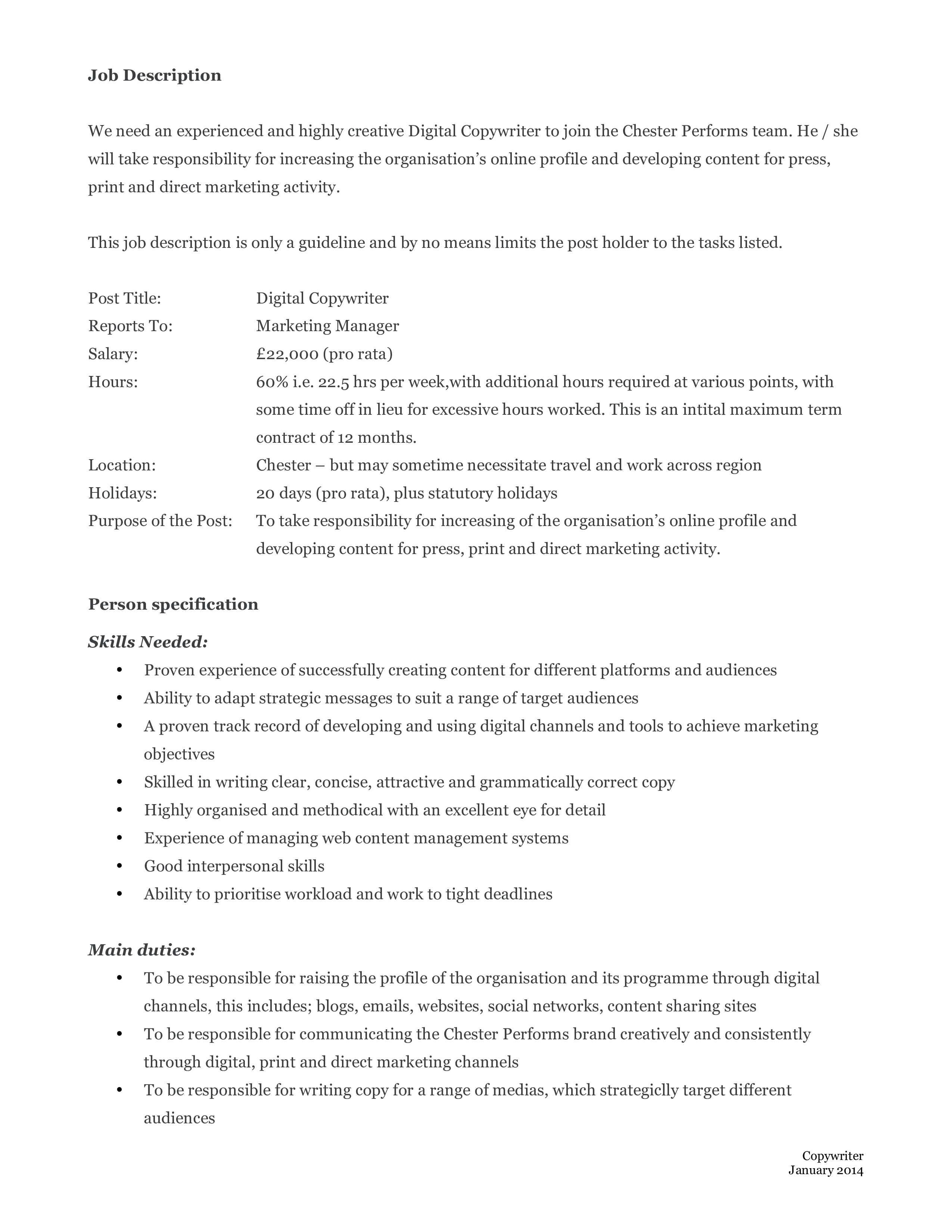 Digital Copywriter Job Description Templates at