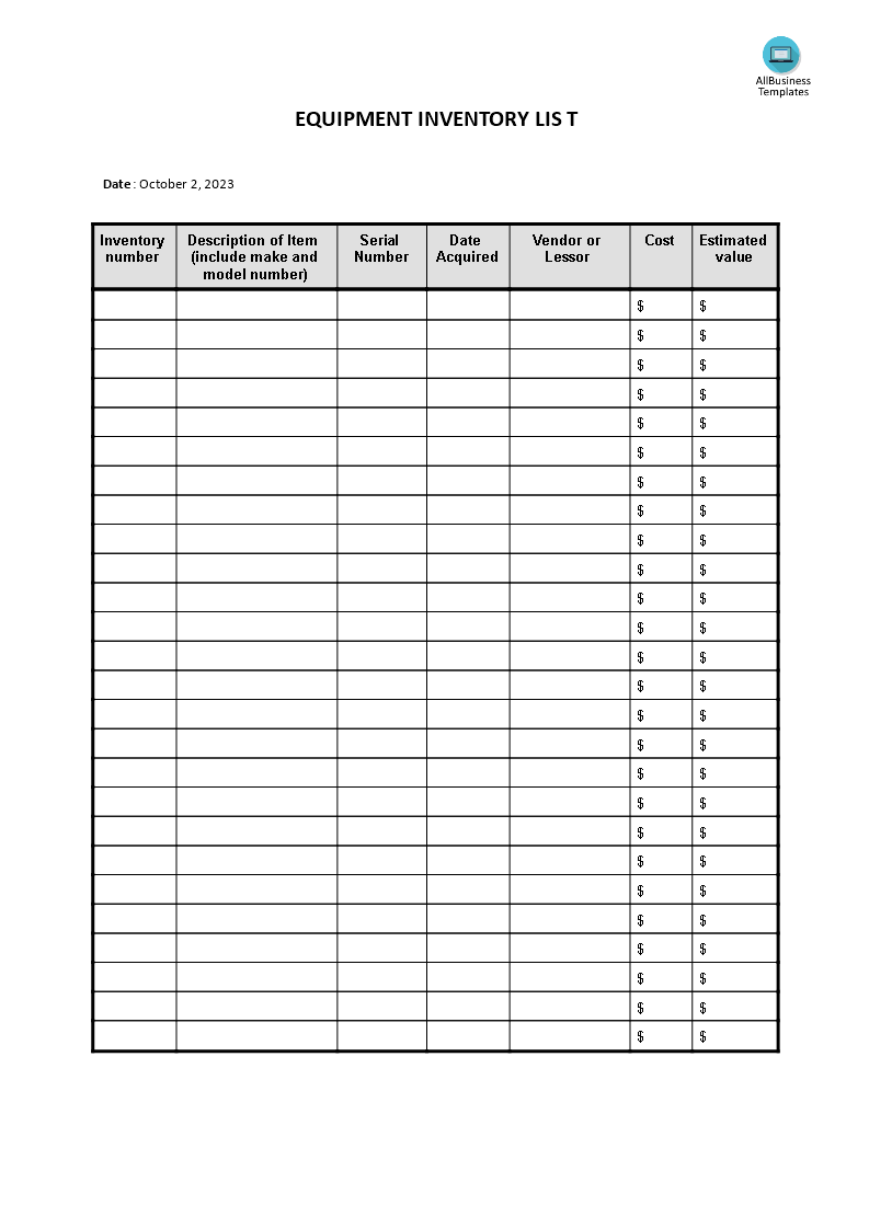 equipment inventory list word template