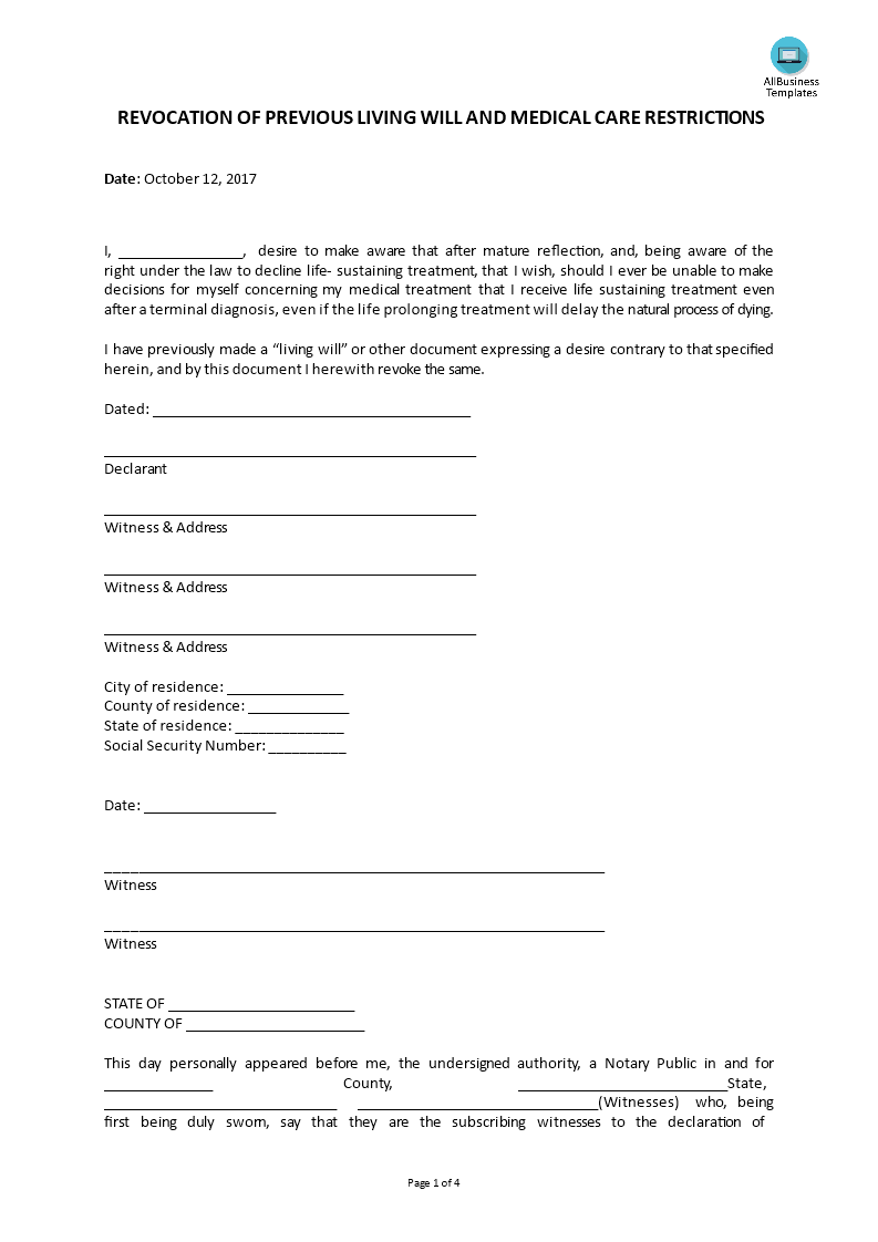 revocation of life sustaining agreement template