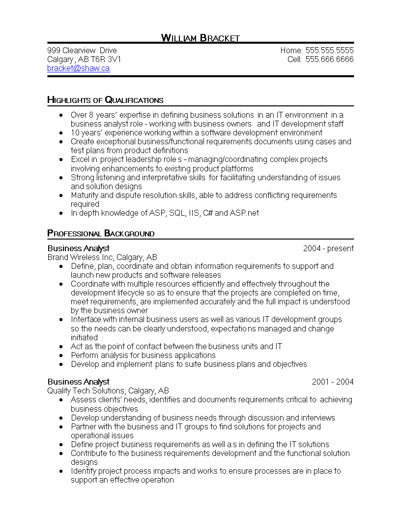 business analyst cv modèles