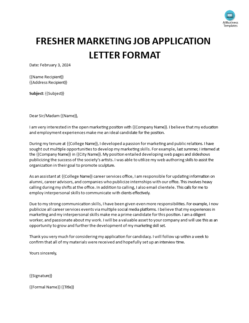 fresher marketing job application letter format template