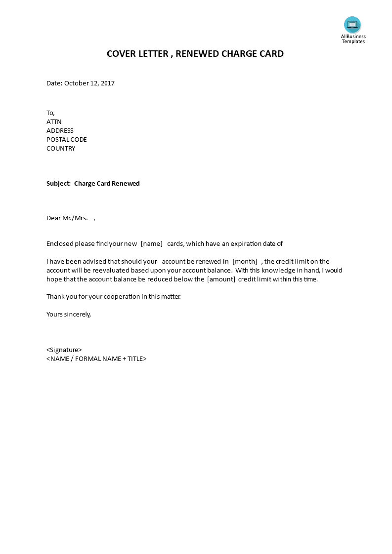 cover letter renewed charge card template