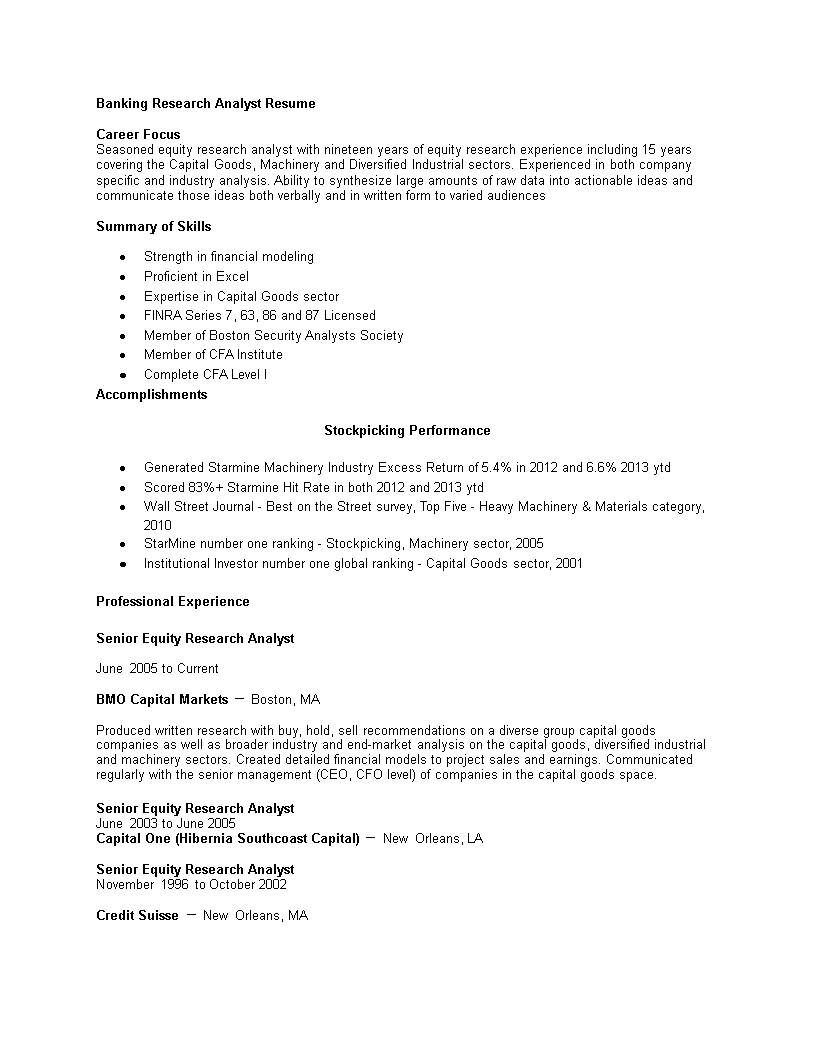 banking research analyst curriculum vitae modèles