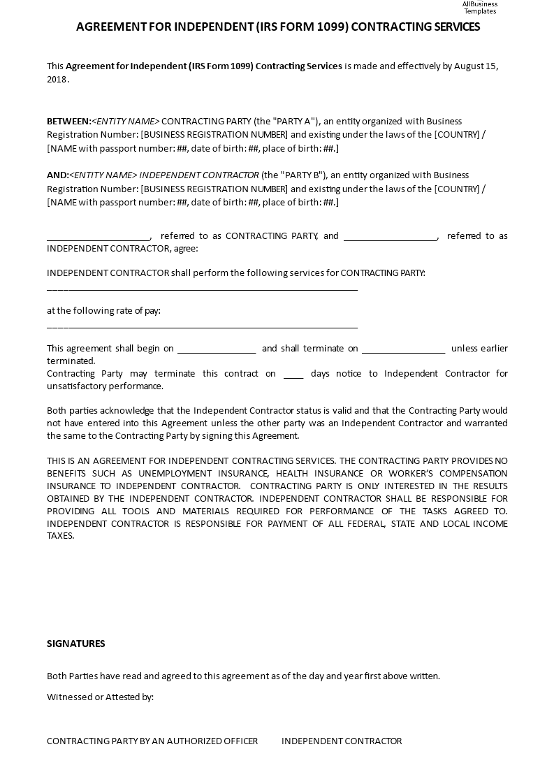 independent contractor agreement Hauptschablonenbild