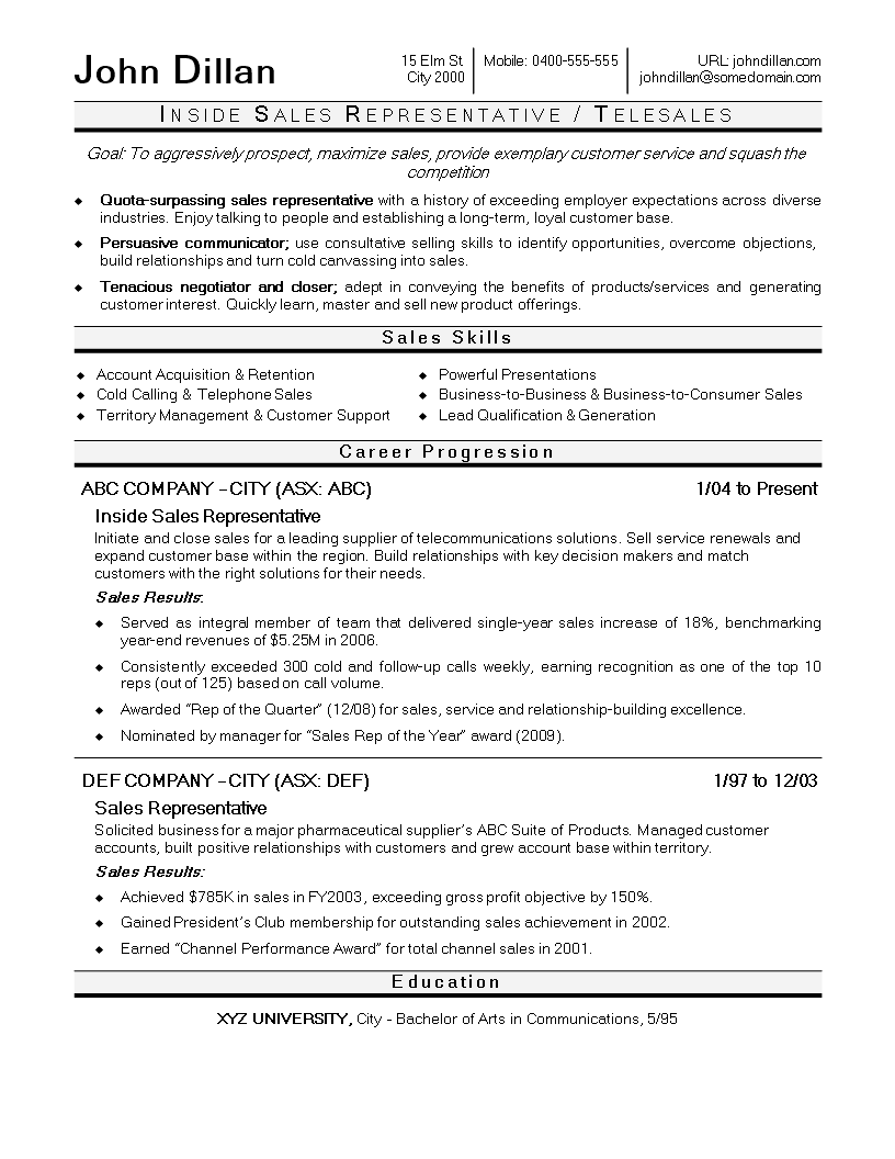 Inside Sales Executive Resume 模板