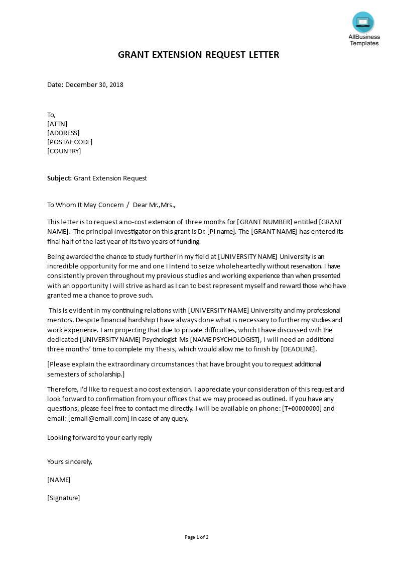 grant extension request letter template voorbeeld afbeelding 