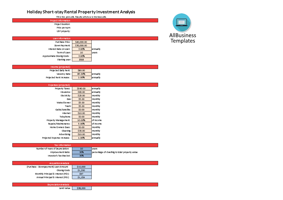 airbnb rental property investment calculator template