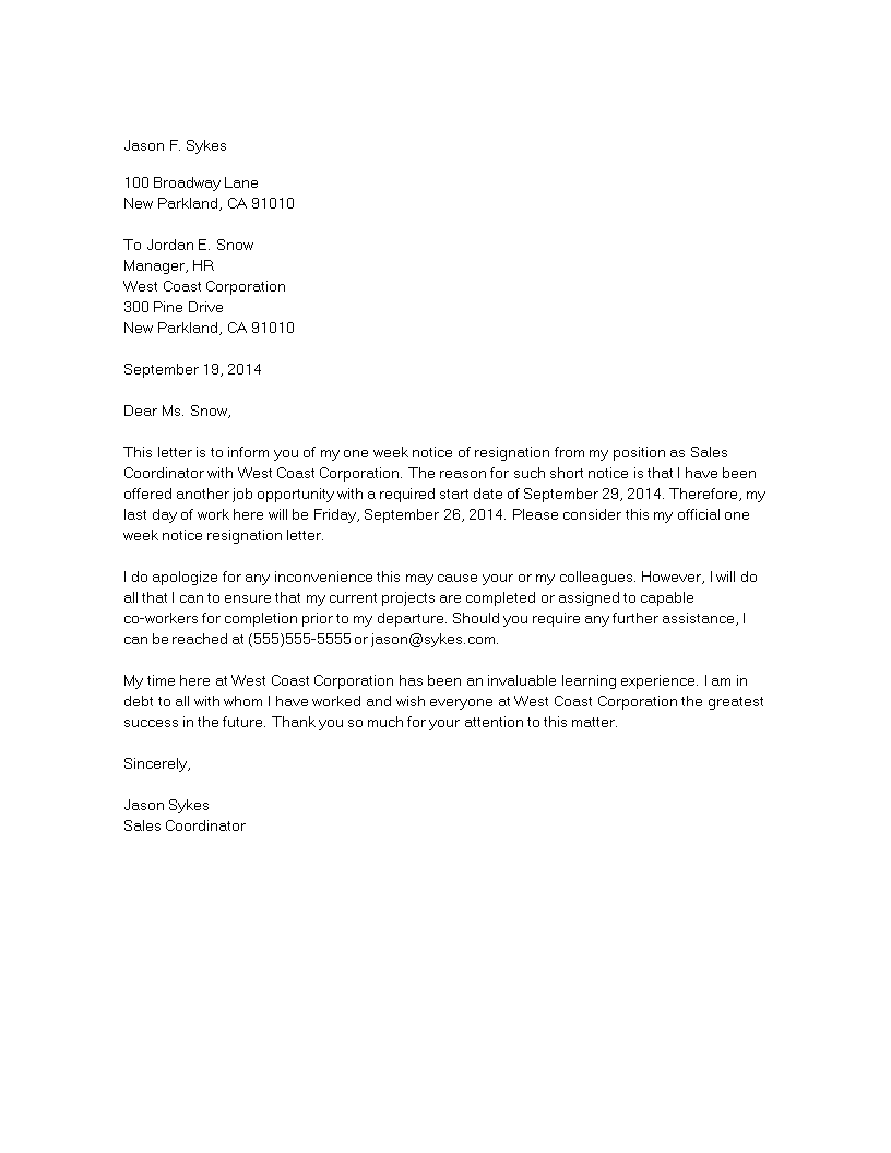 standard notice resignation letter template