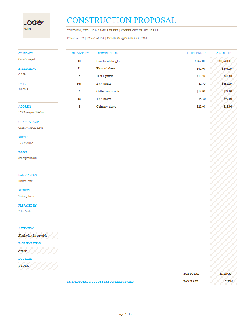 construction proposal template worksheet excel voorbeeld afbeelding 