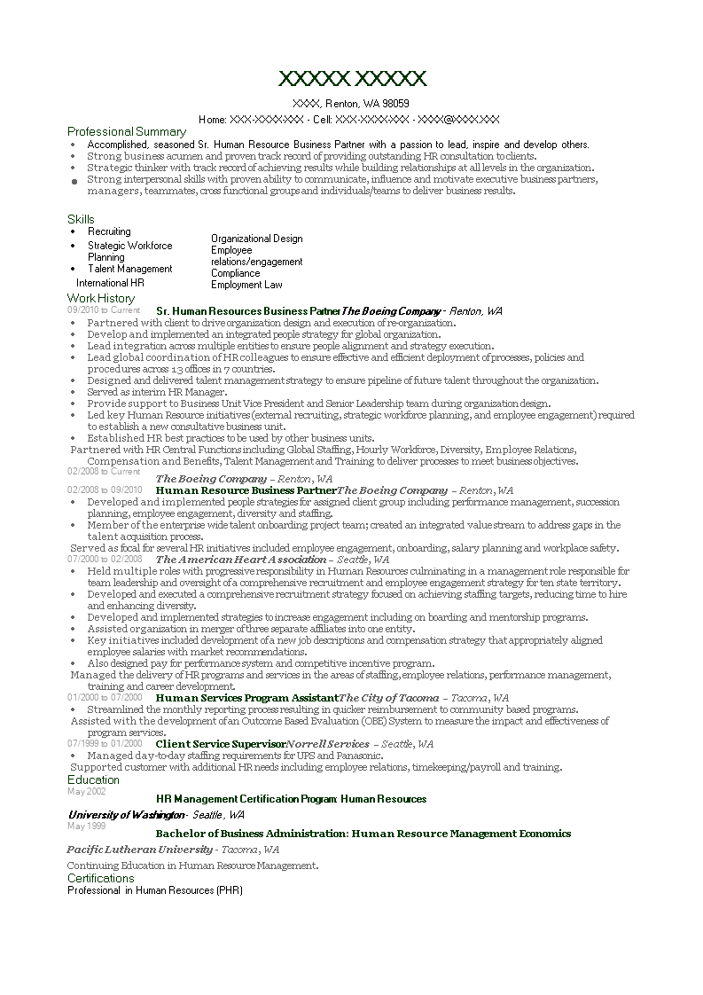 hr business partner resume