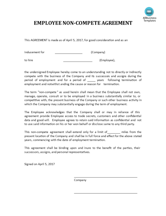 Non-Competition Agreement Example (Employee) gratis en premium templates