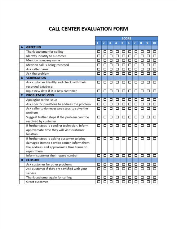 Call Center Evaluation Form gratis en premium templates